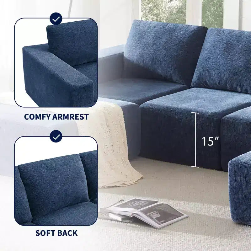 Canapé modulable de luxe en U 6 places 110x72 avec poufs, revêtement en chenille, aucun assemblage requis