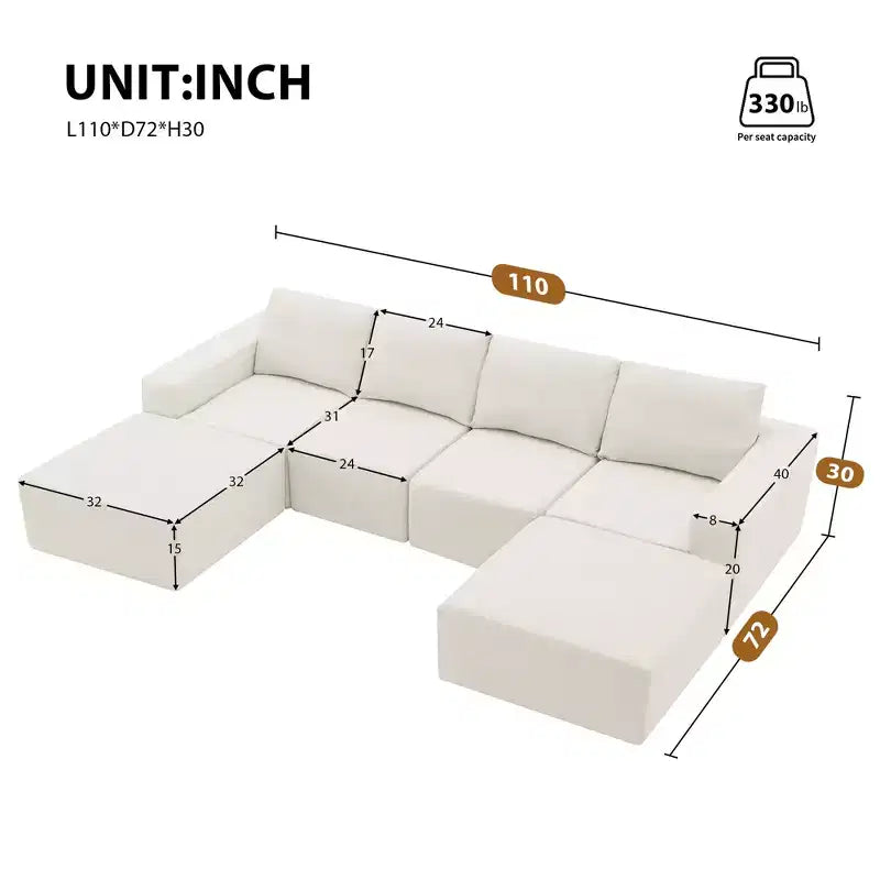Canapé modulable de luxe en U 6 places 110x72 avec poufs, revêtement en chenille, aucun assemblage requis