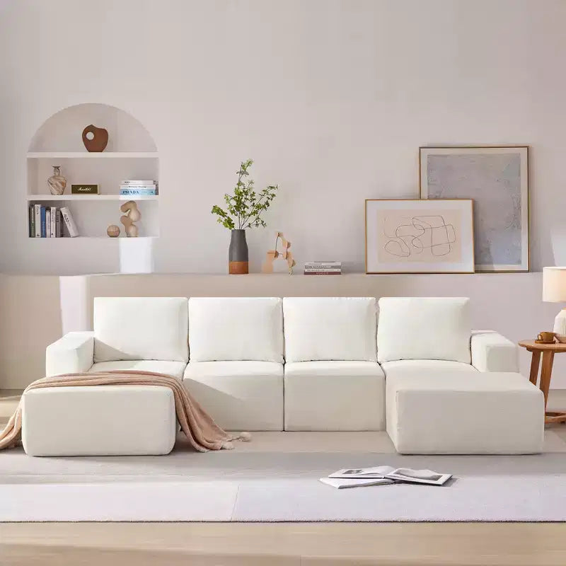Canapé modulable de luxe en U 6 places 110x72 avec poufs, revêtement en chenille, aucun assemblage requis