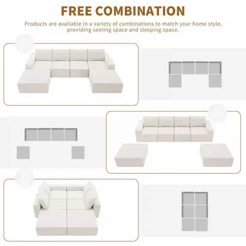 Canapé modulable de luxe en U 6 places 110x72 avec poufs, revêtement en chenille, aucun assemblage requis