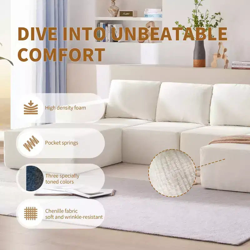 Canapé modulable de luxe en U 6 places 110x72 avec poufs, revêtement en chenille, aucun assemblage requis