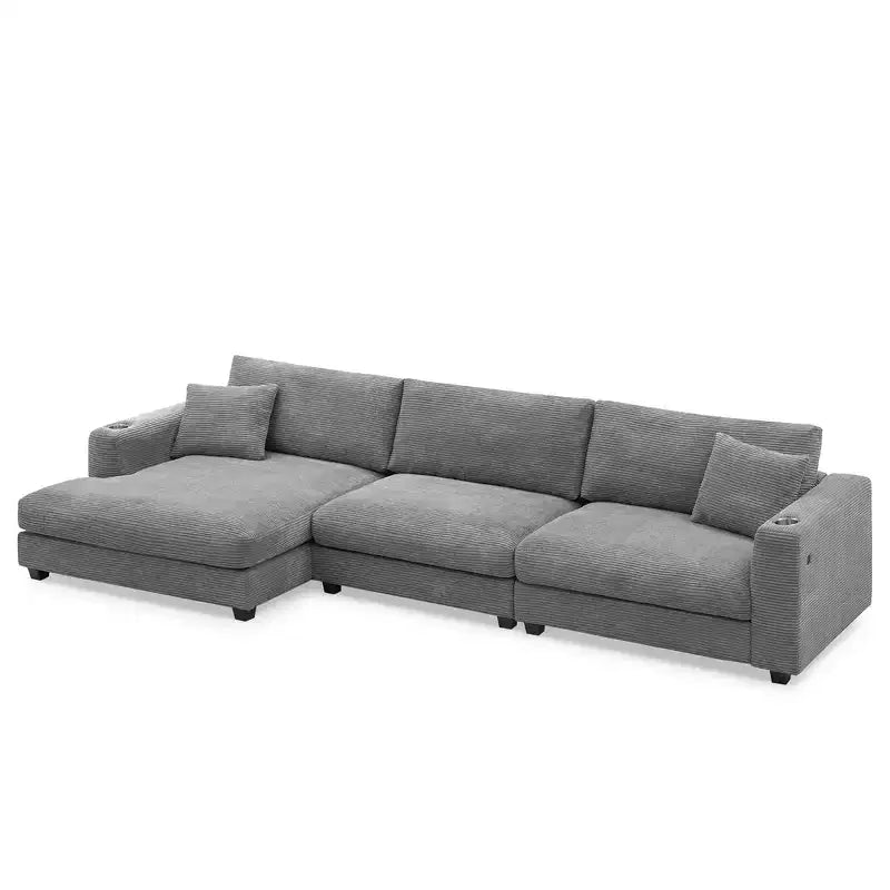 134 4-Seat Oversized Corduroy Sectional Sofa with USB Charging Port and Cup Holder, L Shaped Cloud Couch, Deep Seat Sofa Bed
