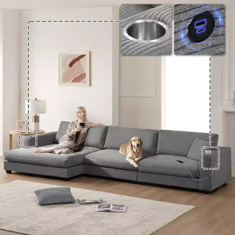 Canapé d'angle surdimensionné en velours côtelé 4 places avec port de charge USB et porte-gobelet, canapé nuage en forme de L, canapé-lit à assise profonde