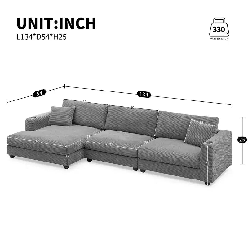 Canapé d'angle surdimensionné en velours côtelé 4 places avec port de charge USB et porte-gobelet, canapé nuage en forme de L, canapé-lit à assise profonde