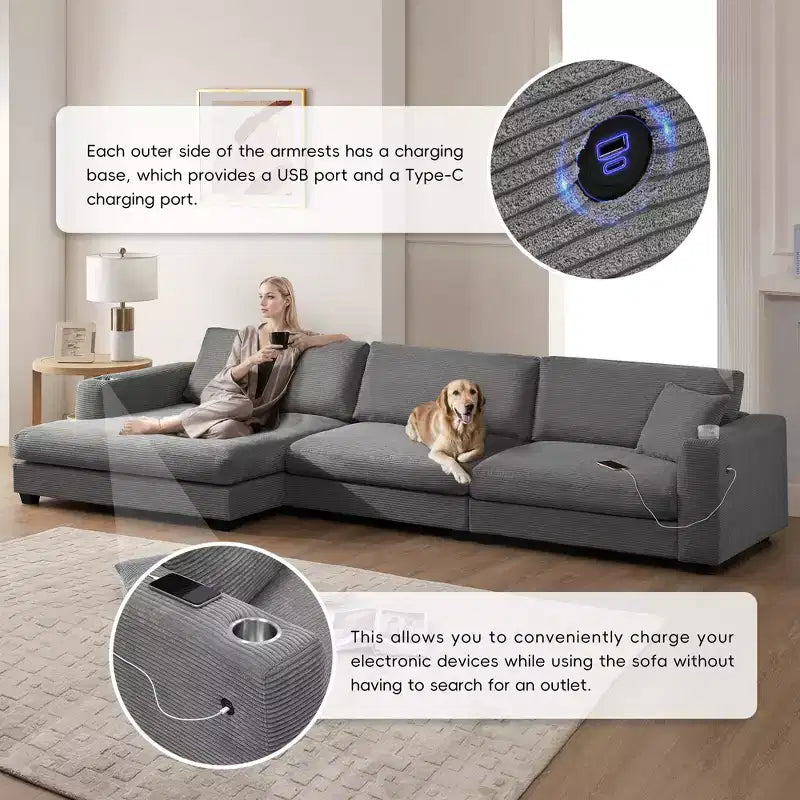 Canapé d'angle surdimensionné en velours côtelé 4 places avec port de charge USB et porte-gobelet, canapé nuage en forme de L, canapé-lit à assise profonde