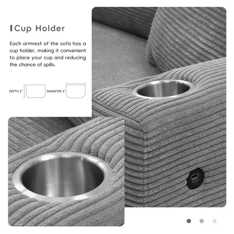 Canapé d'angle surdimensionné en velours côtelé 4 places avec port de charge USB et porte-gobelet, canapé nuage en forme de L, canapé-lit à assise profonde