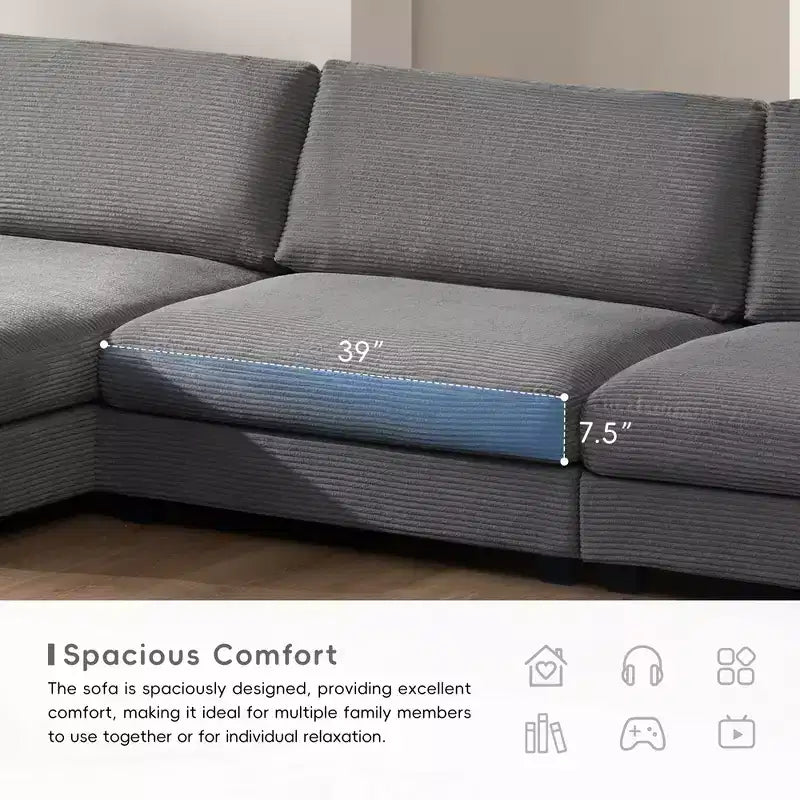 Canapé d'angle surdimensionné en velours côtelé 4 places avec port de charge USB et porte-gobelet, canapé nuage en forme de L, canapé-lit à assise profonde