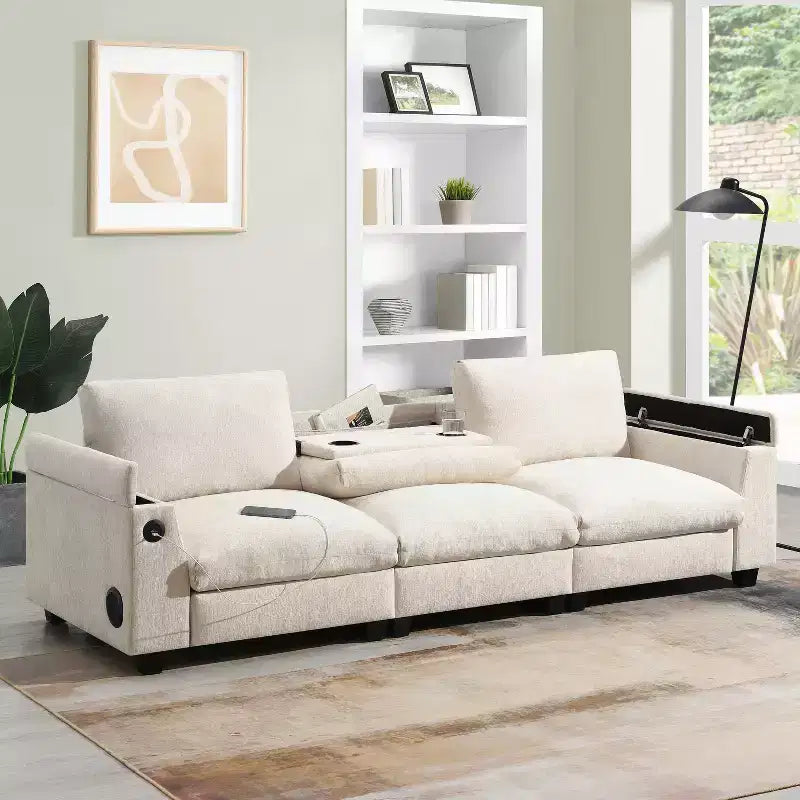 Canapé sectionnel en chenille 3 places 96 W avec haut-parleur Bluetooth, table rabattable, chargeur USB et accoudoir de rangement
