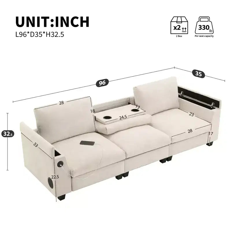 Canapé sectionnel en chenille 3 places 96 W avec haut-parleur Bluetooth, table rabattable, chargeur USB et accoudoir de rangement