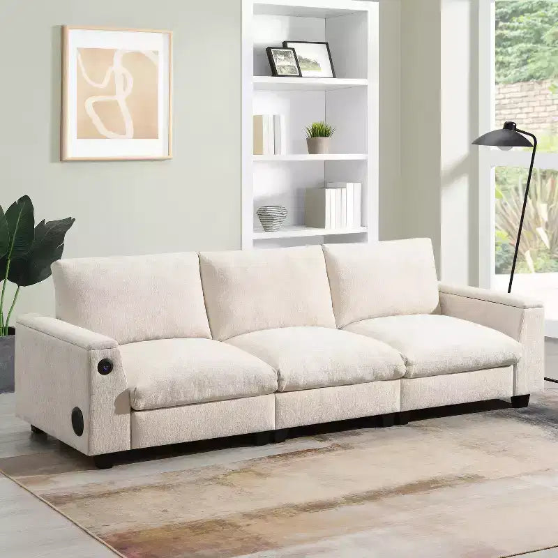 Canapé sectionnel en chenille 3 places 96 W avec haut-parleur Bluetooth, table rabattable, chargeur USB et accoudoir de rangement