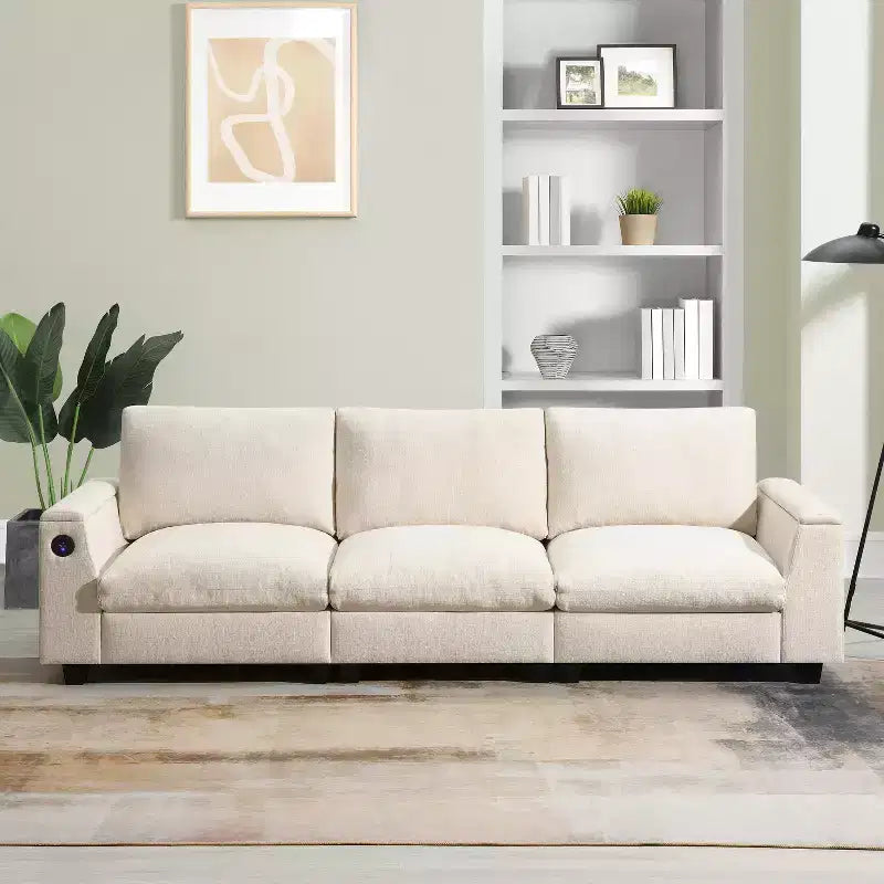 Canapé sectionnel en chenille 3 places 96 W avec haut-parleur Bluetooth, table rabattable, chargeur USB et accoudoir de rangement