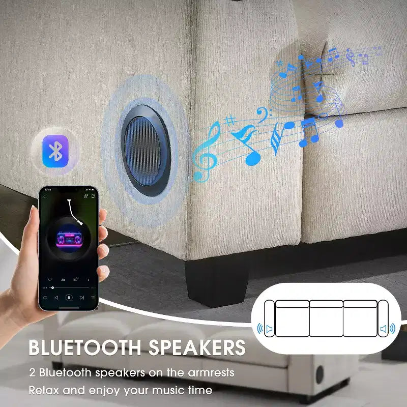 Canapé sectionnel en chenille 3 places 96 W avec haut-parleur Bluetooth, table rabattable, chargeur USB et accoudoir de rangement