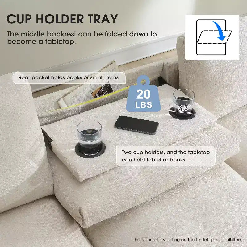Canapé sectionnel en chenille 3 places 96 W avec haut-parleur Bluetooth, table rabattable, chargeur USB et accoudoir de rangement