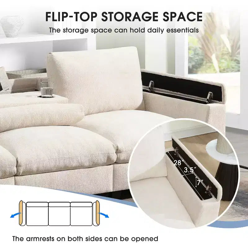 Canapé sectionnel en chenille 3 places 96 W avec haut-parleur Bluetooth, table rabattable, chargeur USB et accoudoir de rangement