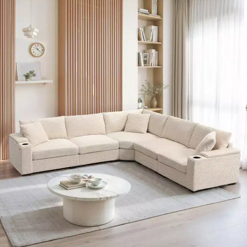 106 W 5-Seat Convertible L-Shaped Corduroy Sectional Sofa with USB Charger, Cup Holders, Storage Armrest, Modular Design