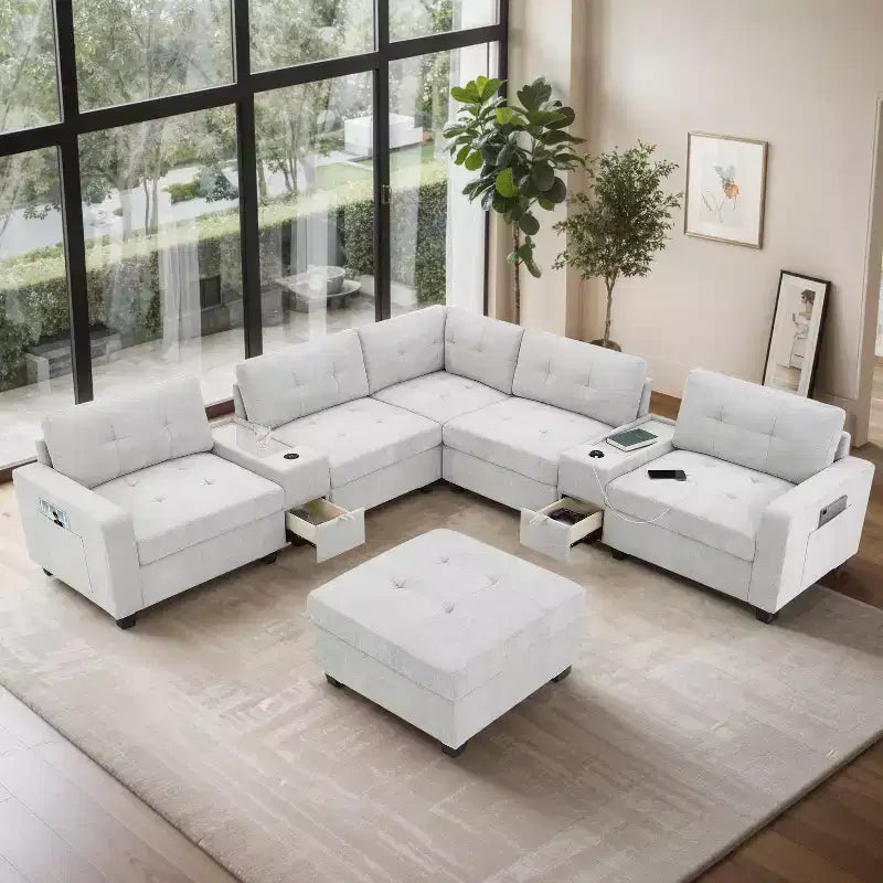 Canapé sectionnel en U 6 places en chenille de 104 po de largeur avec chargeur USB, tiroirs de rangement, table en acrylique et pouf mobile