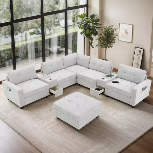 Canapé sectionnel en U 6 places en chenille de 104 po de largeur avec chargeur USB, tiroirs de rangement, table en acrylique et pouf mobile
