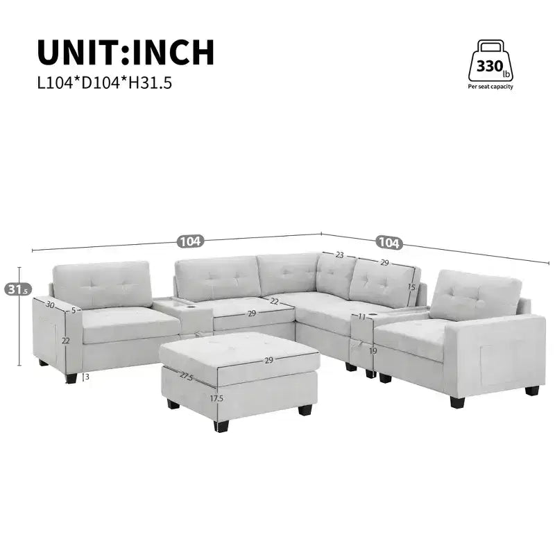 Canapé sectionnel en U 6 places en chenille de 104 po de largeur avec chargeur USB, tiroirs de rangement, table en acrylique et pouf mobile