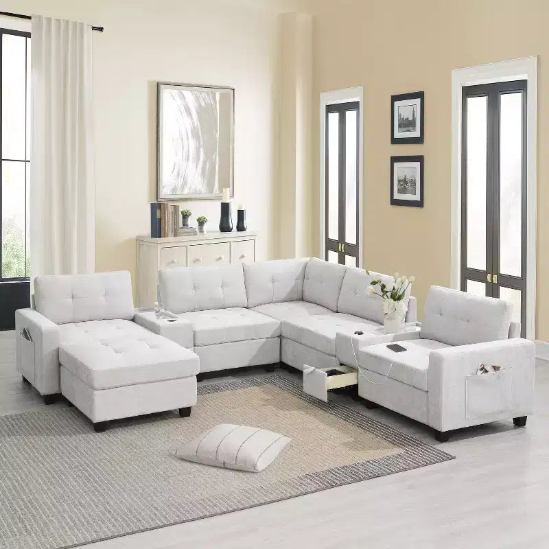 Canapé sectionnel en U 6 places en chenille de 104 po de largeur avec chargeur USB, tiroirs de rangement, table en acrylique et pouf mobile