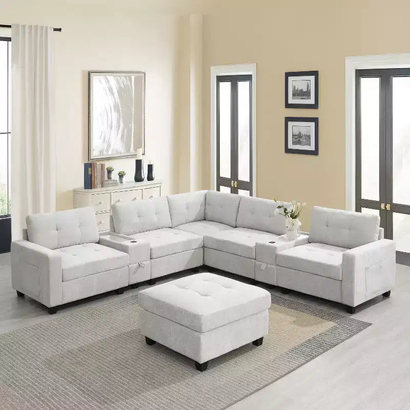 Canapé sectionnel en U 6 places en chenille de 104 po de largeur avec chargeur USB, tiroirs de rangement, table en acrylique et pouf mobile