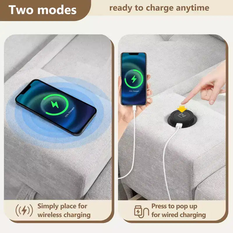 Canapé sectionnel en U 6 places en chenille de 104 po de largeur avec chargeur USB, tiroirs de rangement, table en acrylique et pouf mobile