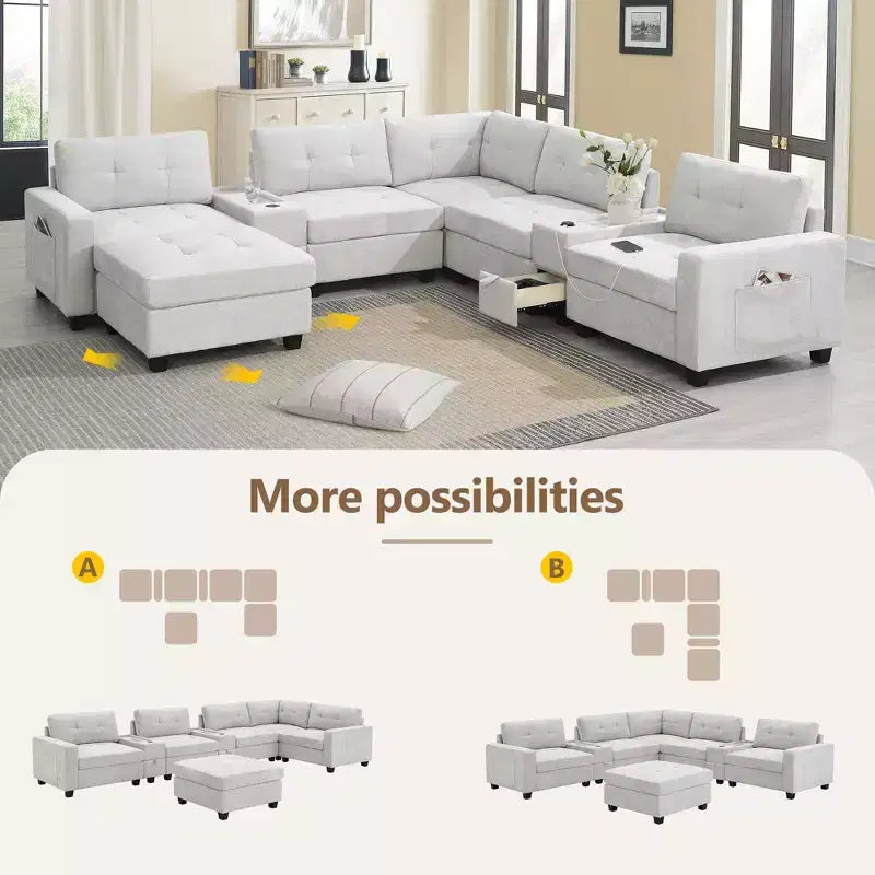 Canapé sectionnel en U 6 places en chenille de 104 po de largeur avec chargeur USB, tiroirs de rangement, table en acrylique et pouf mobile