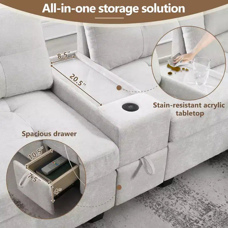 Canapé sectionnel en U 6 places en chenille de 104 po de largeur avec chargeur USB, tiroirs de rangement, table en acrylique et pouf mobile