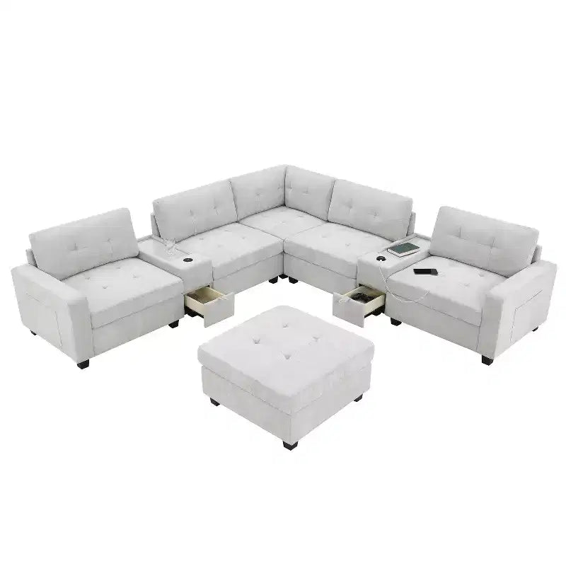 104 W 6-Seat Chenille U-Shaped Sectional Sofa with USB Charger, Storage Drawers, Acrylic Table, and Movable Ottoman