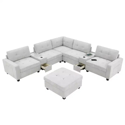 104 W 6-Seat Chenille U-Shaped Sectional Sofa with USB Charger, Storage Drawers, Acrylic Table, and Movable Ottoman
