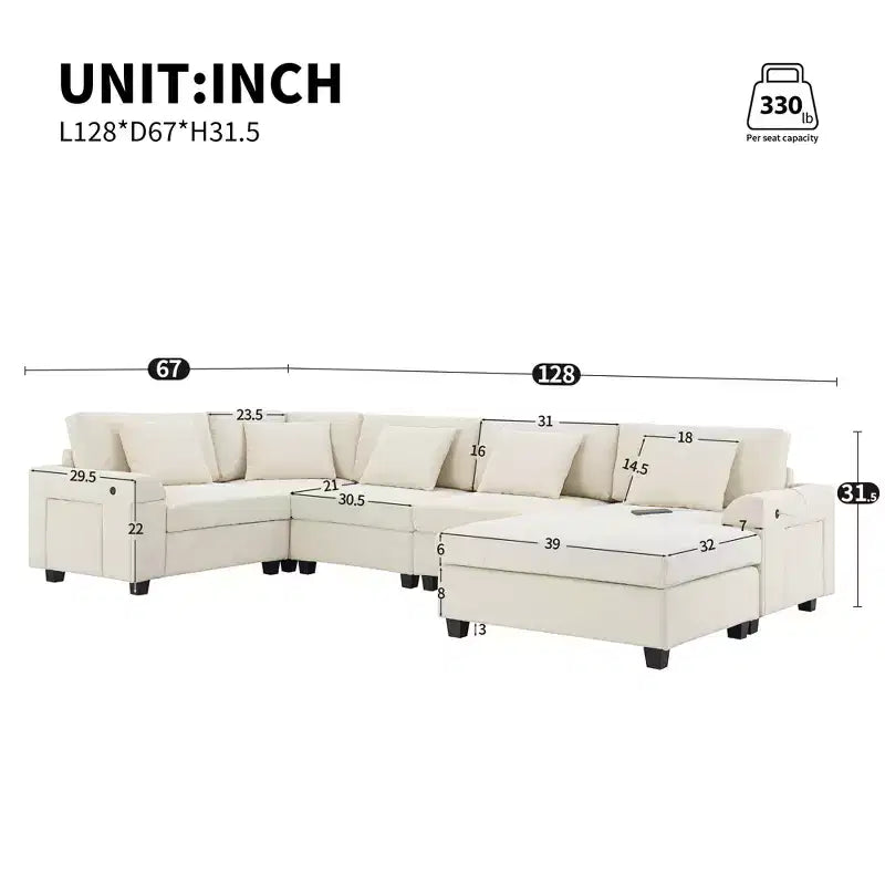 Canapé d'angle en chenille en forme de U 6 places de 128 x 67 pouces avec pouf, rangement, porte-gobelets et ports USB