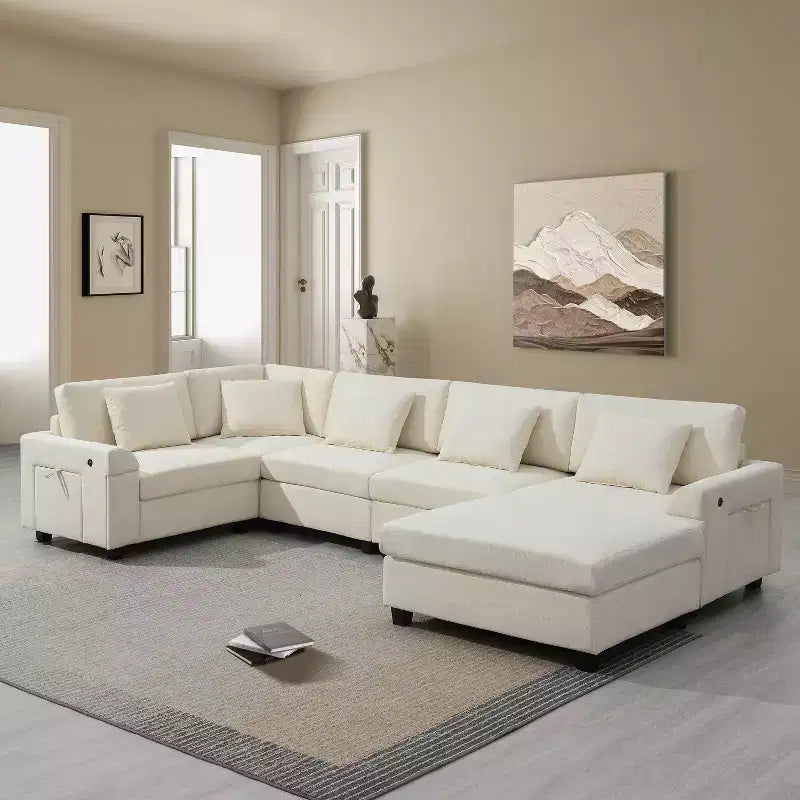 Canapé d'angle en chenille en forme de U 6 places de 128 x 67 pouces avec pouf, rangement, porte-gobelets et ports USB