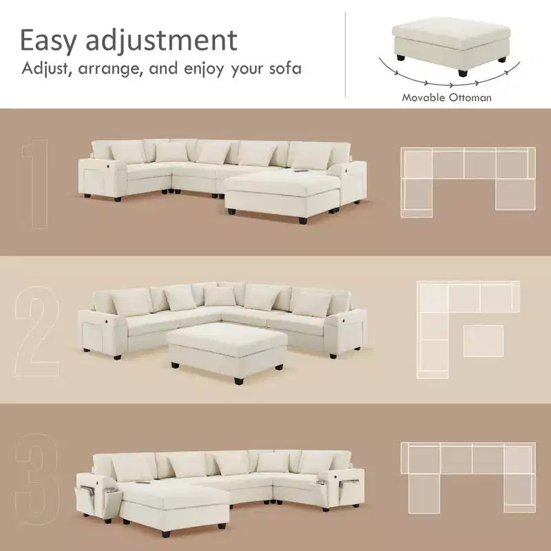 Canapé d'angle en chenille en forme de U 6 places de 128 x 67 pouces avec pouf, rangement, porte-gobelets et ports USB