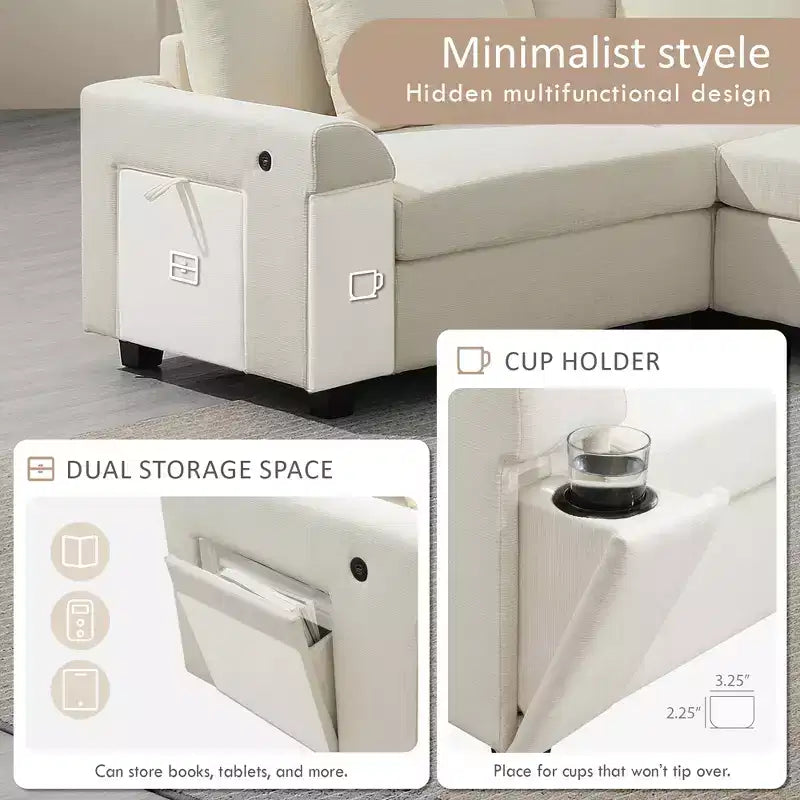 Canapé d'angle en chenille en forme de U 6 places de 128 x 67 pouces avec pouf, rangement, porte-gobelets et ports USB
