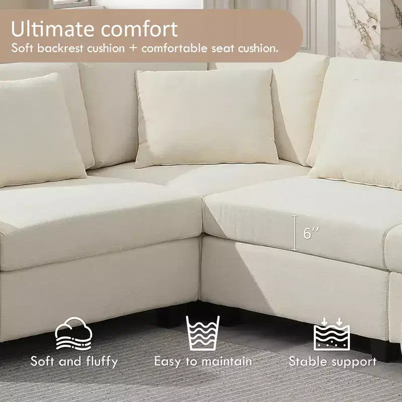 Canapé d'angle en chenille en forme de U 6 places de 128 x 67 pouces avec pouf, rangement, porte-gobelets et ports USB