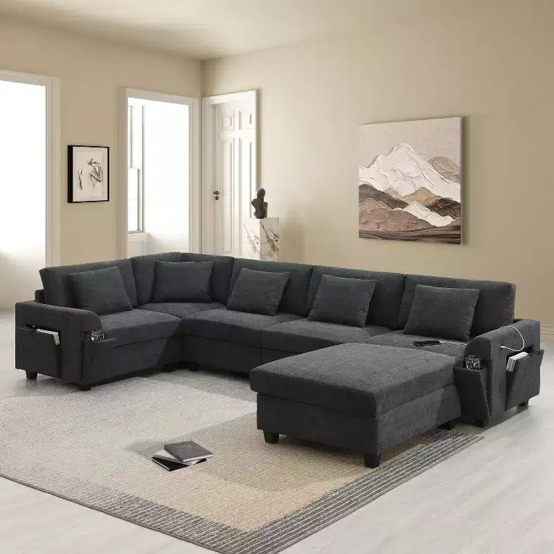 Canapé d'angle en chenille en forme de U 6 places de 128 x 67 pouces avec pouf, rangement, porte-gobelets et ports USB