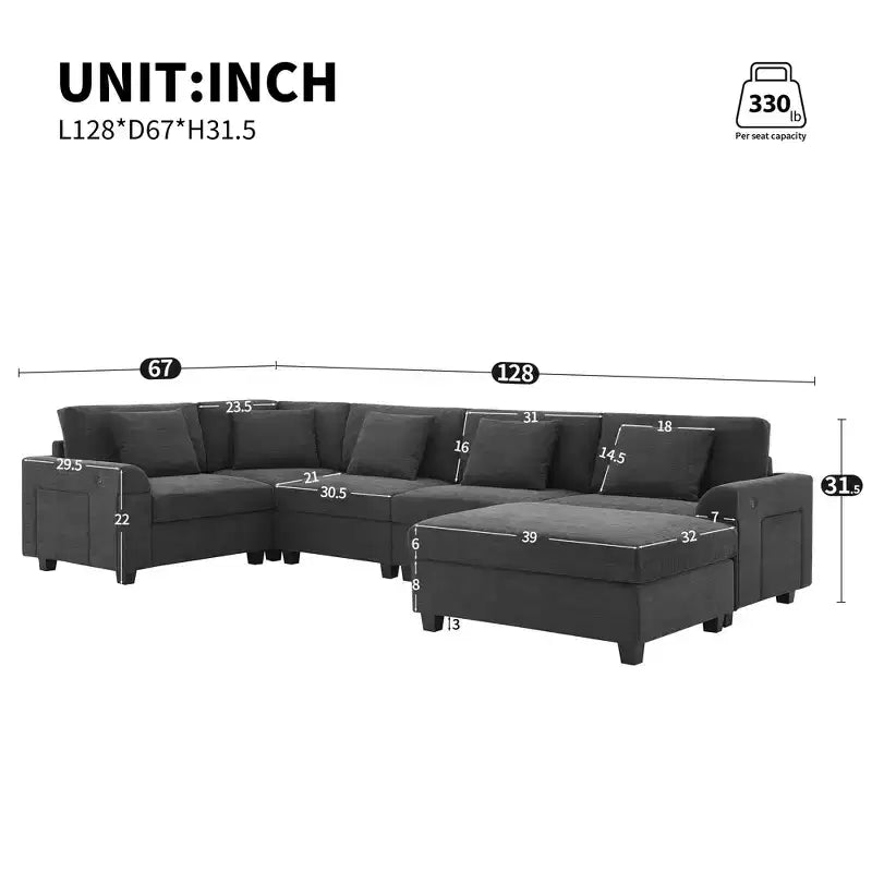 Canapé d'angle en chenille en forme de U 6 places de 128 x 67 pouces avec pouf, rangement, porte-gobelets et ports USB