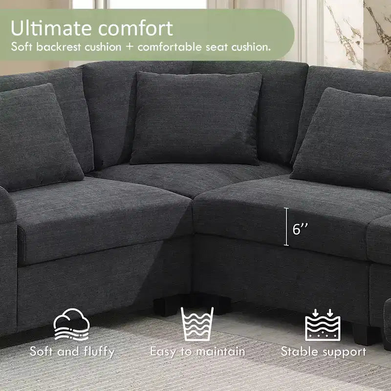 Canapé d'angle en chenille en forme de U 6 places de 128 x 67 pouces avec pouf, rangement, porte-gobelets et ports USB