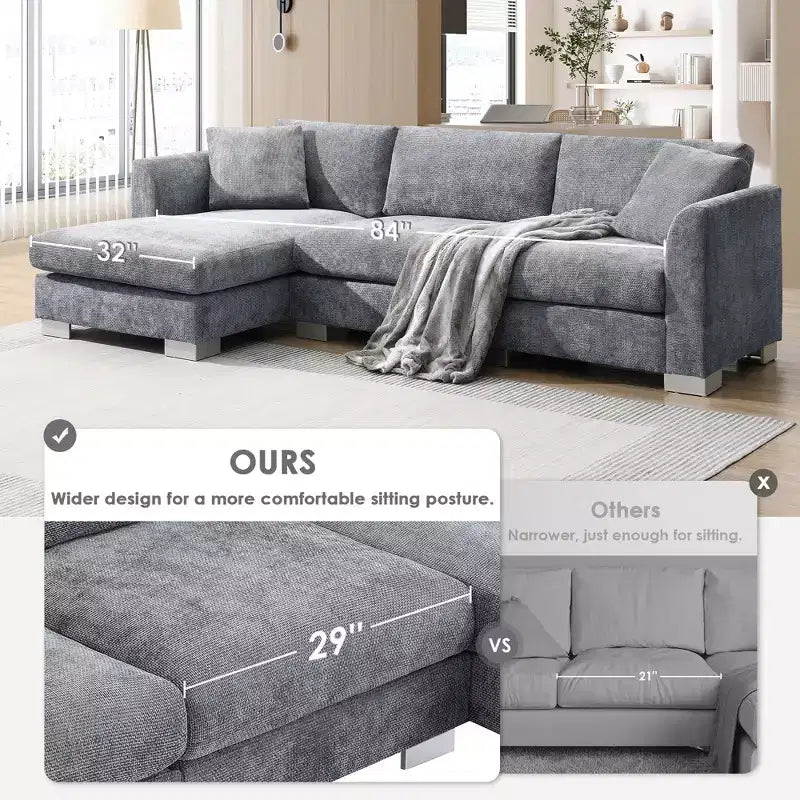 Canapé d'angle moderne en forme de L avec méridienne et coussins offerts, en tissu chenille