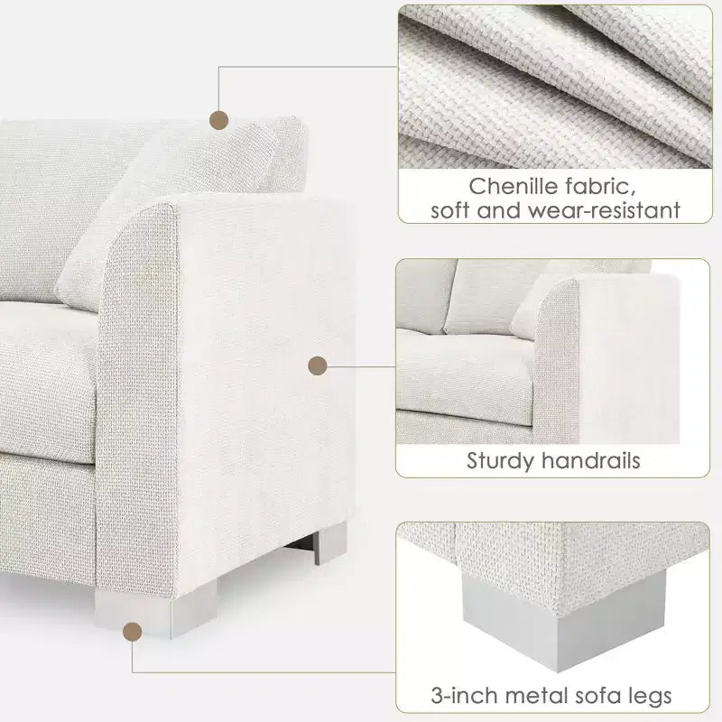 Canapé d'angle moderne en forme de L avec méridienne et coussins offerts, en tissu chenille