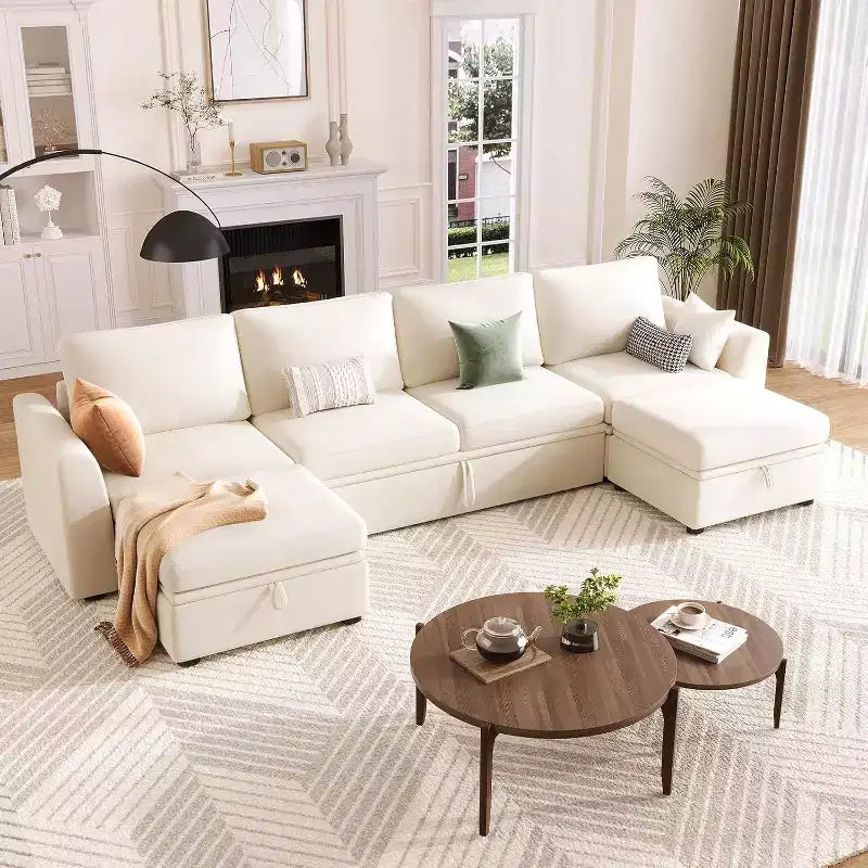 Canapé modulable en chenille Acekool en U avec lit gigogne, sièges de rangement et pouf, canapé convertible pour salon