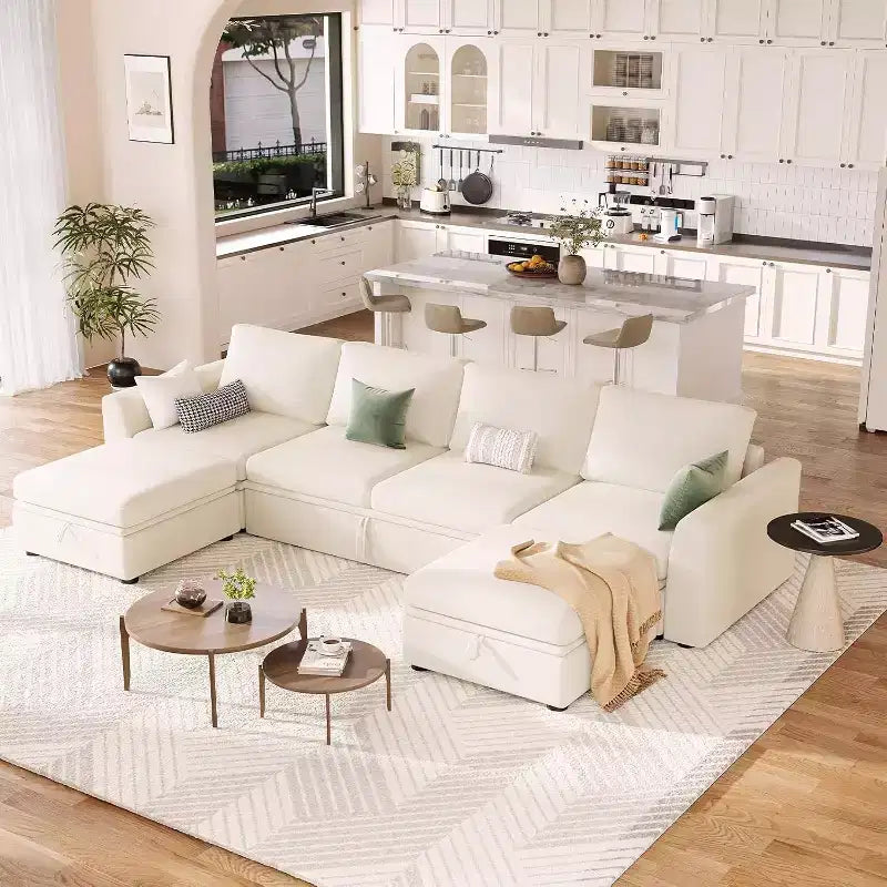 Canapé modulable en chenille Acekool en U avec lit gigogne, sièges de rangement et pouf, canapé convertible pour salon