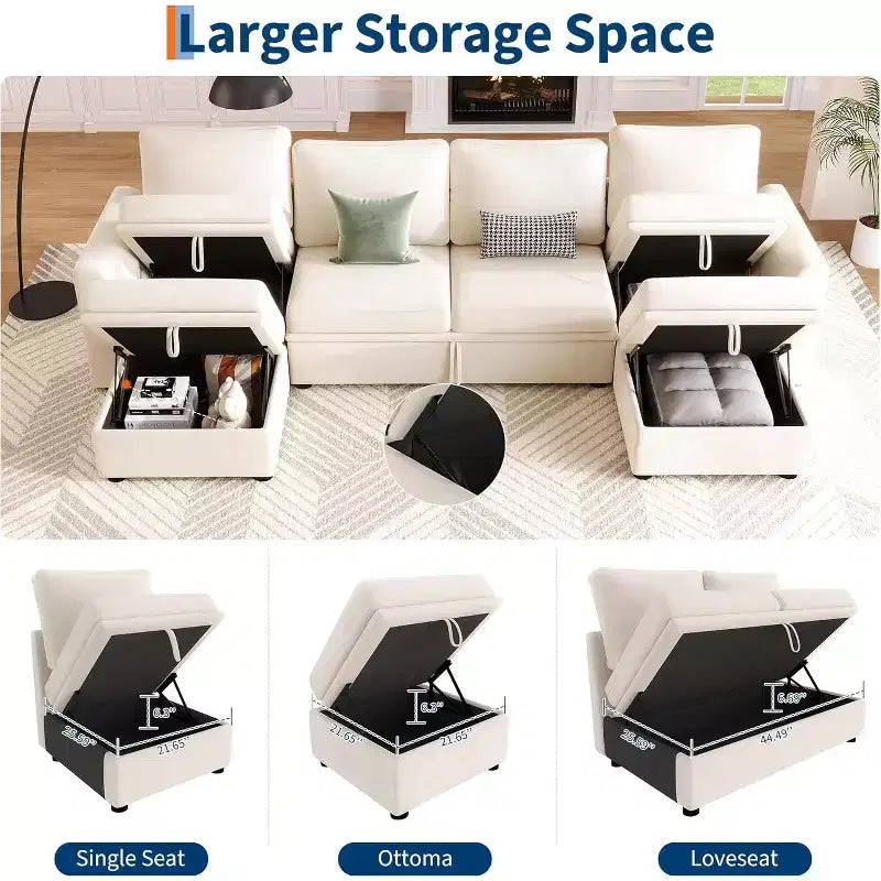 Canapé modulable en chenille Acekool en U avec lit gigogne, sièges de rangement et pouf, canapé convertible pour salon