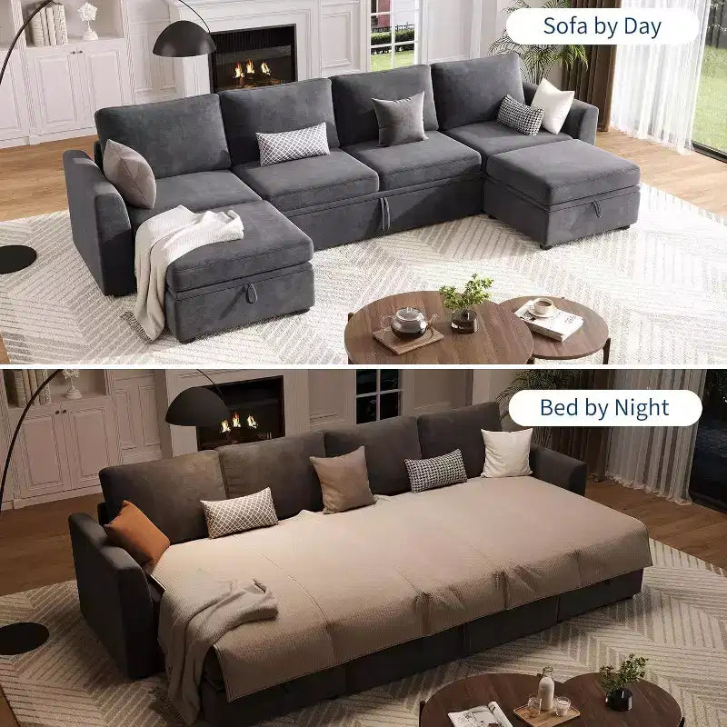 Canapé modulable convertible en chenille Acekool avec lit gigogne, sièges de rangement et 2 poufs, canapé convertible pour salon, housses amovibles