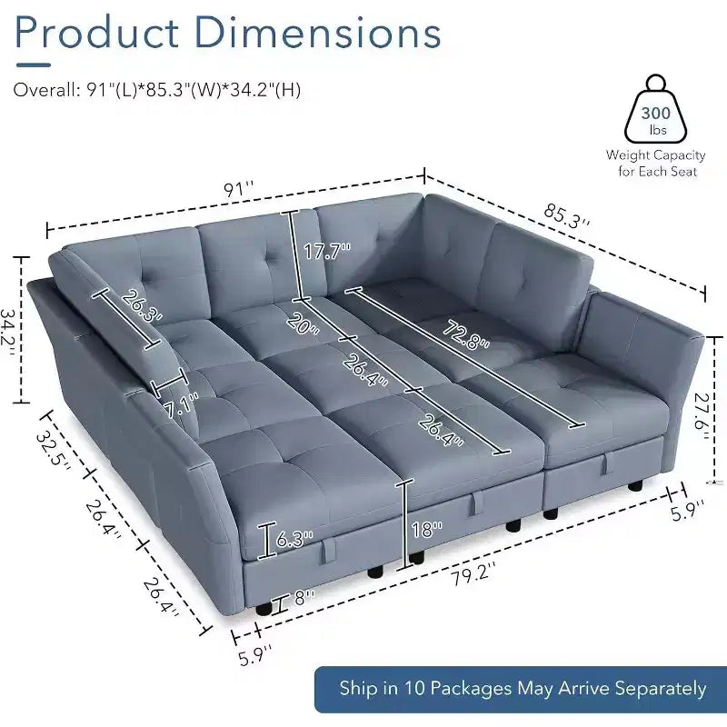 Canapé d'angle modulable en U Acekool 143 pouces, canapé 9 places en velours bleu avec pouf de rangement, canapé de salon rembourré, meubles d'appartement