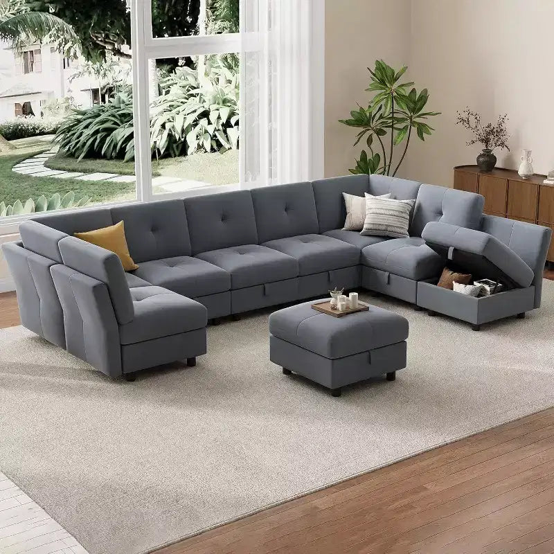 Canapé d'angle modulable en U Acekool 143 pouces, canapé 9 places en velours bleu avec pouf de rangement, canapé de salon rembourré, meubles d'appartement