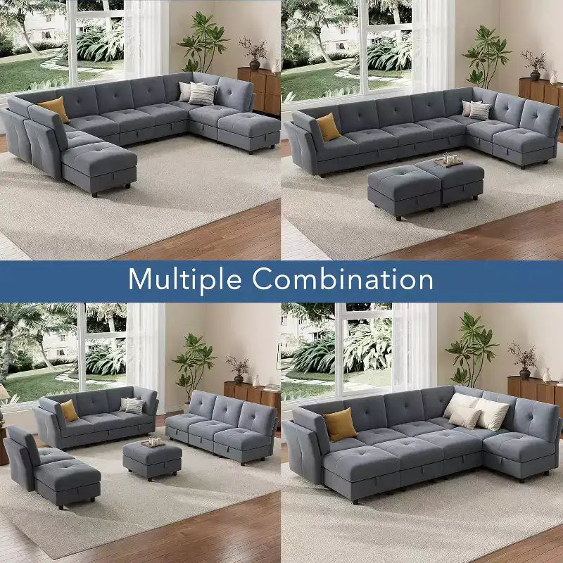 Canapé d'angle modulable en U Acekool 143 pouces, canapé 9 places en velours bleu avec pouf de rangement, canapé de salon rembourré, meubles d'appartement