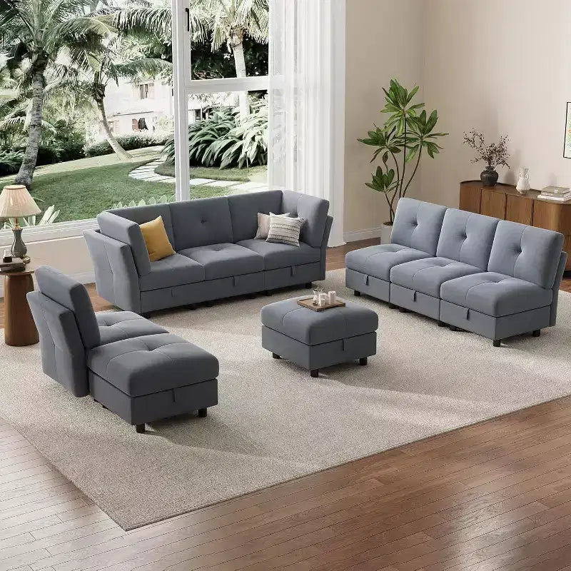 Canapé d'angle modulable en U Acekool 143 pouces, canapé 9 places en velours bleu avec pouf de rangement, canapé de salon rembourré, meubles d'appartement