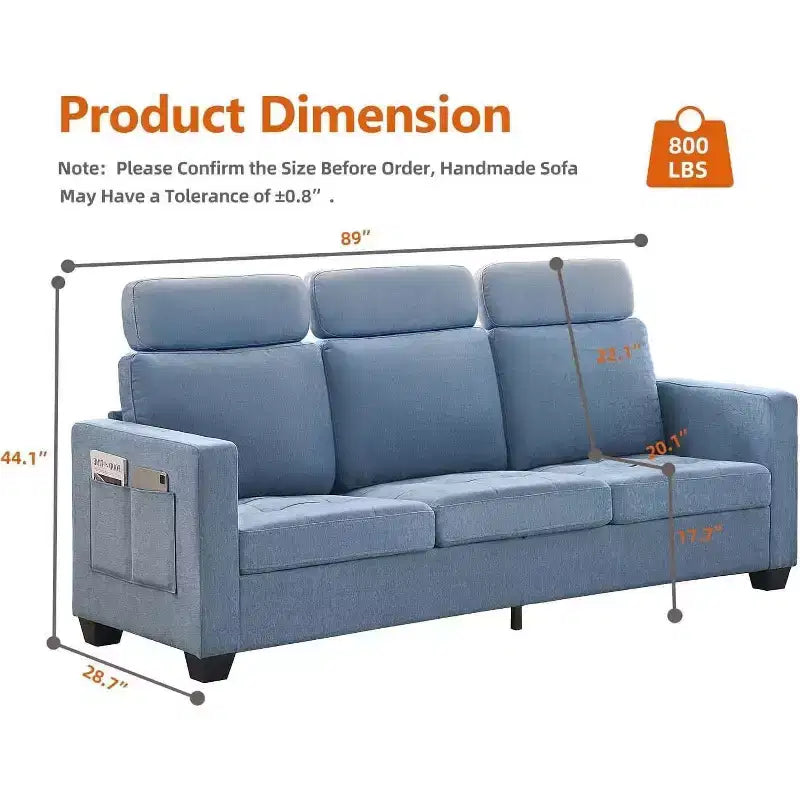 Canapé 3 places en chenille Acekool, canapé rembourré de 226 cm avec appuie-tête, accoudoirs larges et poches de rangement latérales, bleu, canapé de salon moderne