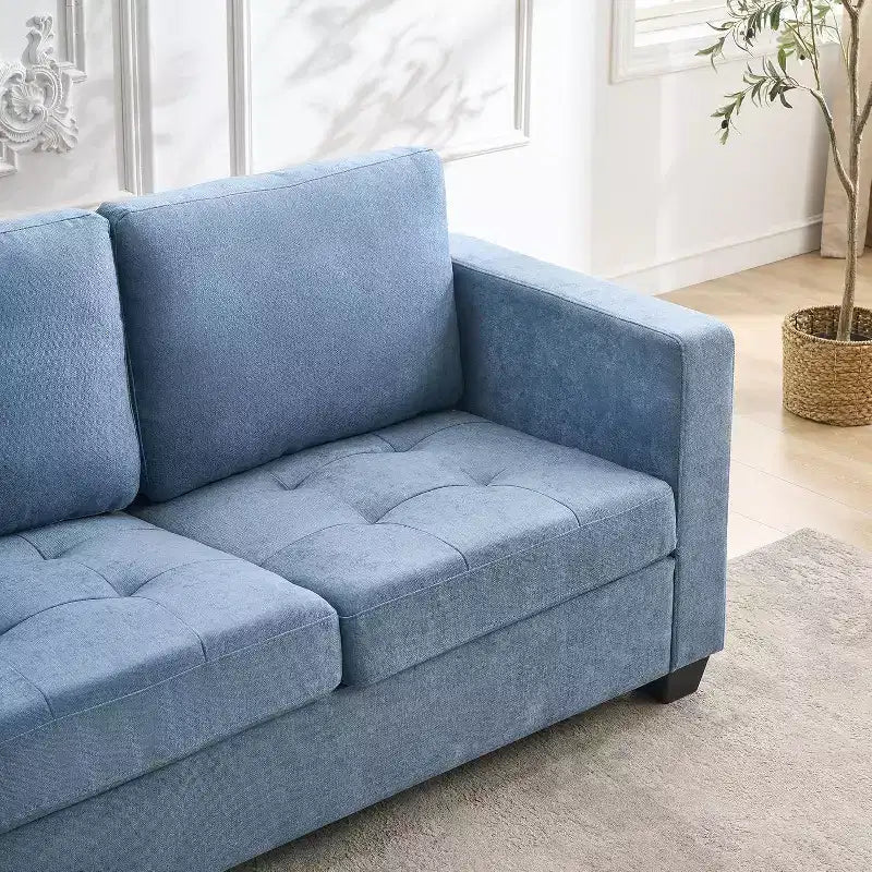 Canapé 3 places en chenille Acekool, canapé rembourré de 226 cm avec appuie-tête, accoudoirs larges et poches de rangement latérales, bleu, canapé de salon moderne