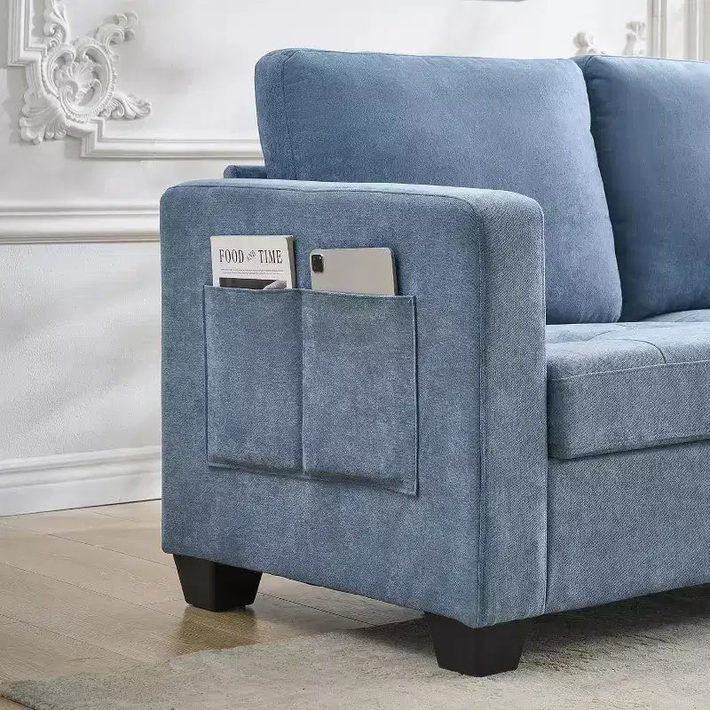 Canapé 3 places en chenille Acekool, canapé rembourré de 226 cm avec appuie-tête, accoudoirs larges et poches de rangement latérales, bleu, canapé de salon moderne